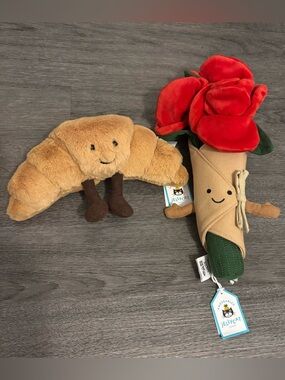 Jellycat Tan Croissant and Red Rose Plush Pair